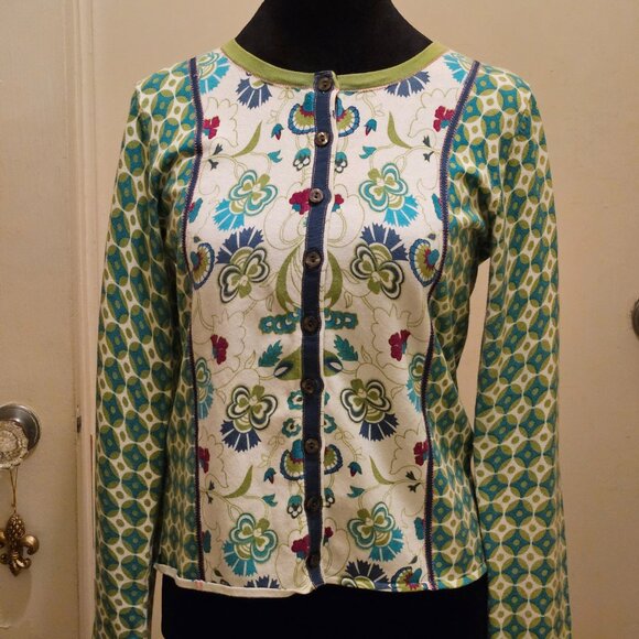 Susan Bristol Green Floral Button Down Cotton Cardigan/Sweater Size Small - Picture 4 of 6
